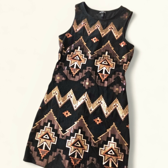 Express Y2K Bodycon Mini Dress Aztec Design Copper Gold Sequins Sexy P/S - Picture 3 of 12